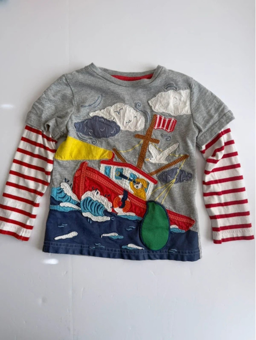 Mini Boden Interactive Lift-the-Flap Fishing Boat Applique Shirt Size 2-3Y